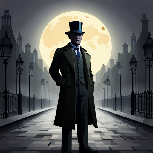 Robot Holmes standing in the middle of the street und a full moon